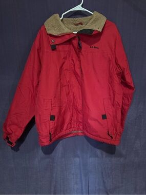 L.L. Bean Red Puffer Jacket with Tan Fleece Collar